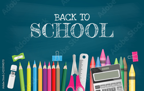 School supplies on chalkboard, back to school concept. Vector illustration