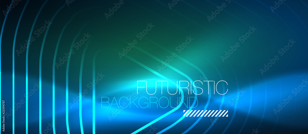 Neon glowing techno lines, hi-tech futuristic abstract background template with geometric shapes Neon glowing techno lines, hi-tech futuristic abstract background template with geometric shapes