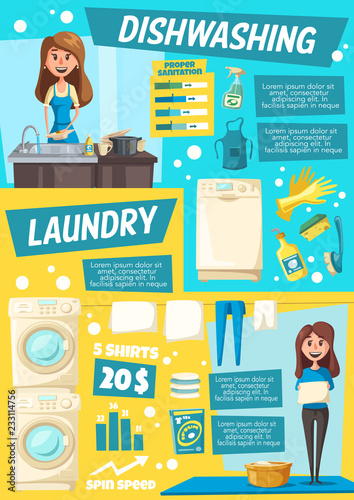Laundry and dish washing home service, vector