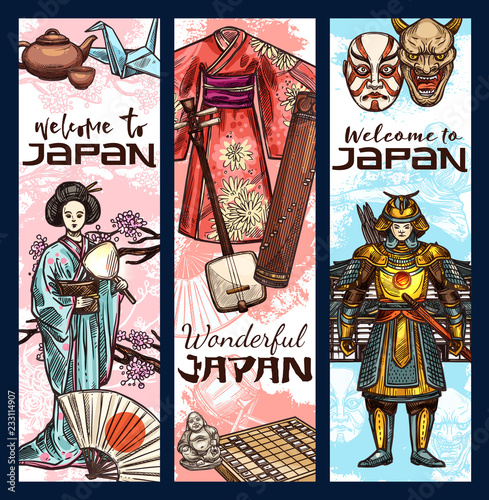 Japan culture vector sketch banners