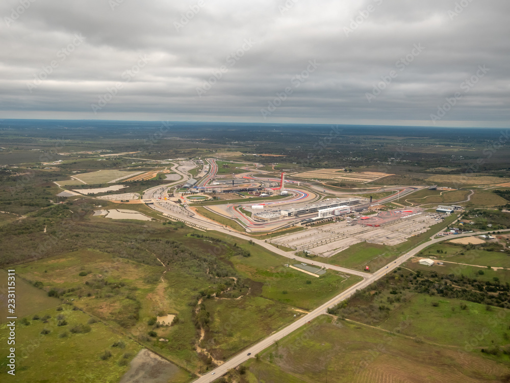 Aerial View Trace Track in Austin Texas with Storm Clouds in the Sky