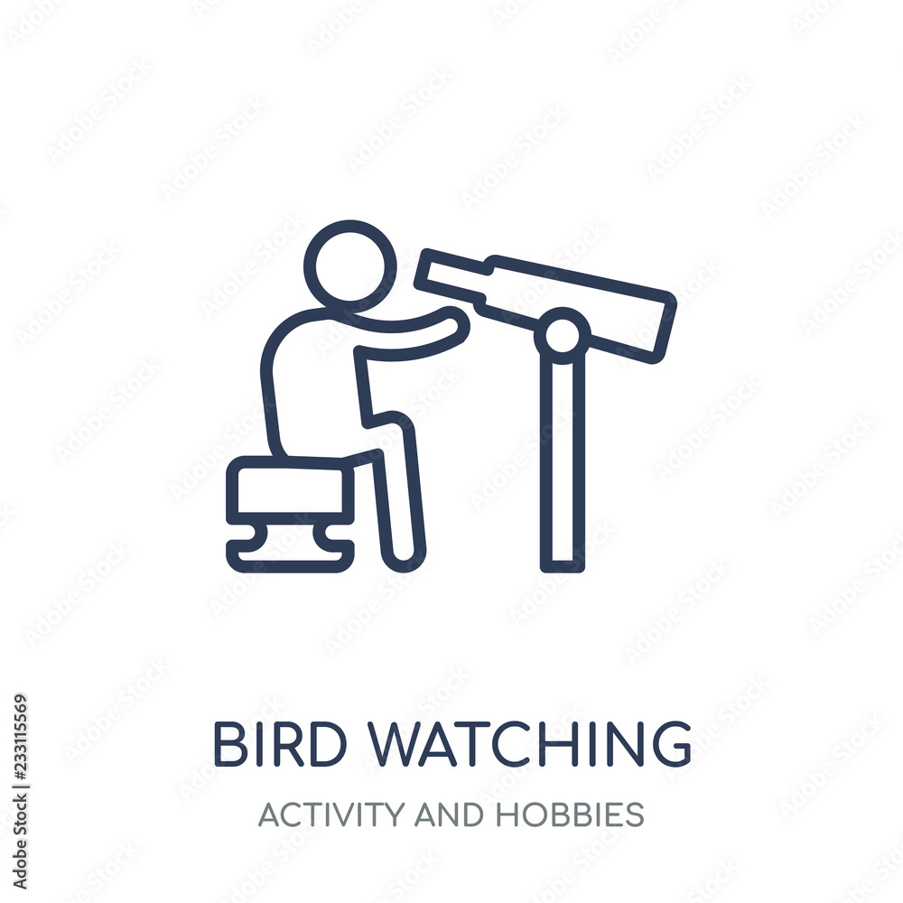 Bird watching icon. Bird watching linear symbol design from Activity and Hobbies collection. Bird watching icon. Bird watching linear symbol design from Activity and Hobbies collection.