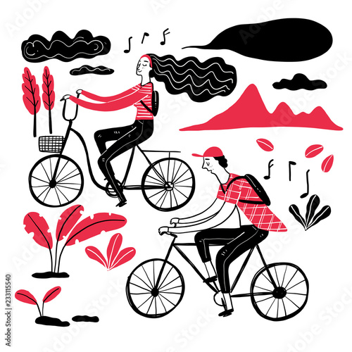 Couple cycling in the park, Collection of hand drawn. Vector illustration in sketch doodle style.