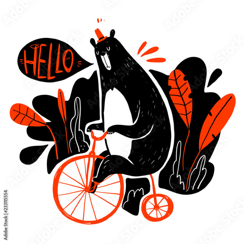 Cute bear riding a bike, Collection of hand drawn. Vector illustration in sketch doodle style.