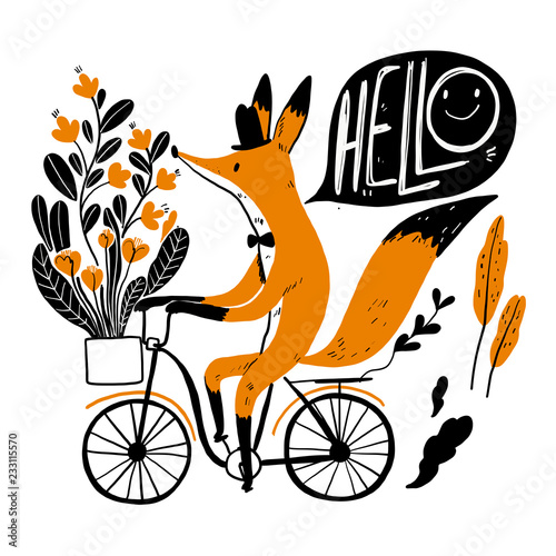 Cute fox riding a bike, Collection of hand drawn. Vector illustration in sketch doodle style.