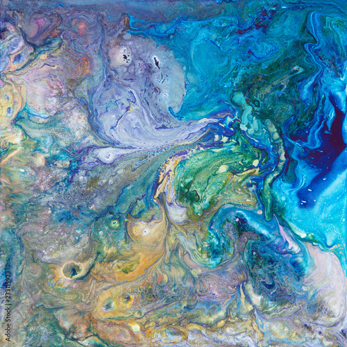 Colorful yellow and blue wavy texture. Abstract acrylic painting. Fluid art.