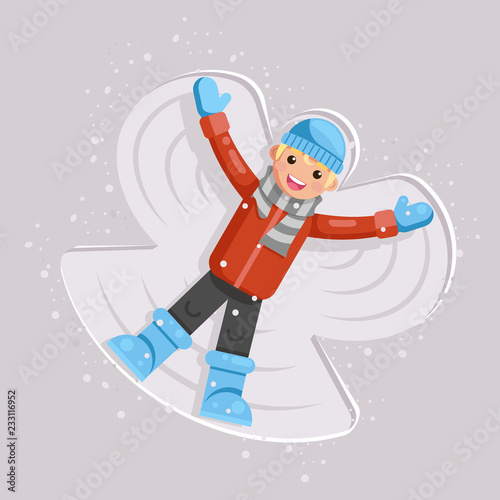 Happy boy making snow angel childhood game kid lying back moving arms and legs shape flat design vector illustration
