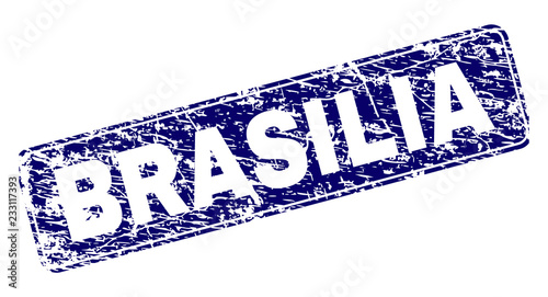 BRASILIA stamp seal print with distress style. Seal shape is a rounded rectangle with frame. Blue vector rubber print of BRASILIA tag with unclean style.