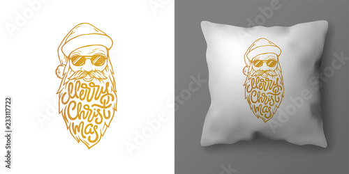 Christmas pillowcase design with illustration of Santa and Merry Christmas lettering. Christmas golden typography in form of beard of Santa Claus. Vector template for your interior design.