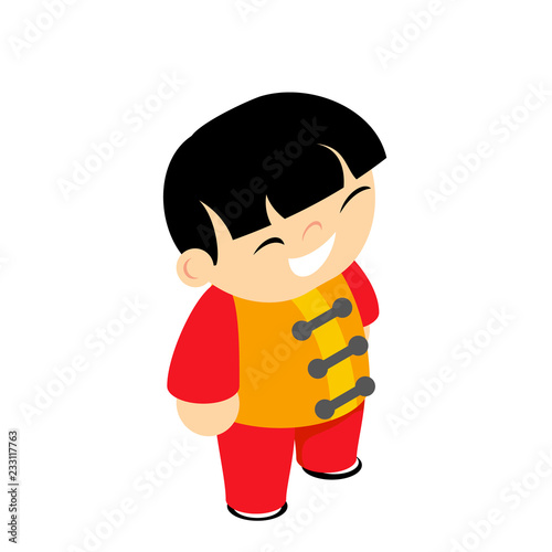 Martial arts silk wear costume traditional kid chinese kungfu boy isometric child character icon flat design vector illustration