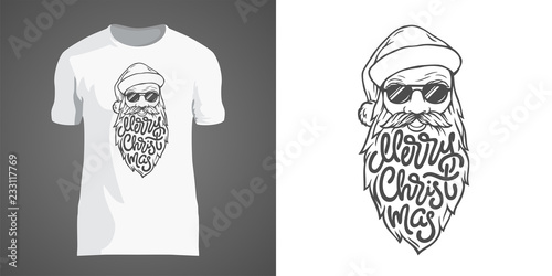 Creative t-shirt design with illustration of Santa in sunglasses with big beard. Lettering Merry Christmas in form of beard. T-shirt design for New Year party and Christmas holidays.