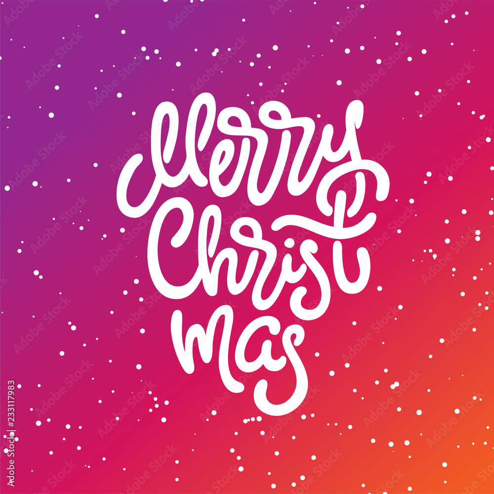 Merry Christmas lettering on bright background with snowflakes. Hand-drawn inscription for greeting card, invitation, poster, banner. Vector handwritten calligraphy.