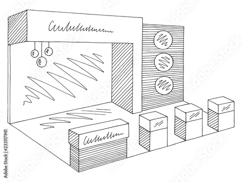 Exhibition stand graphic interior black white sketch illustration vector