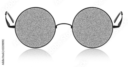 No signal TV noise in round glasses. Conceptual collage on white background.