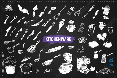 Hand drawn kitchen utencils. Set of kitchenware chalk drawing style vector icons on black background. Vintage doodles for design restaurant menus and decorating cookbooks and recipes