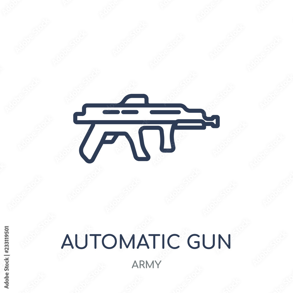 Automatic Gun icon. Automatic Gun linear symbol design from Army collection. Simple element vector illustration. Can be used in web and mobile. Automatic Gun icon. Automatic Gun linear symbol design from Army collection. Simple element vector illustration. Can be used in web and mobile.
