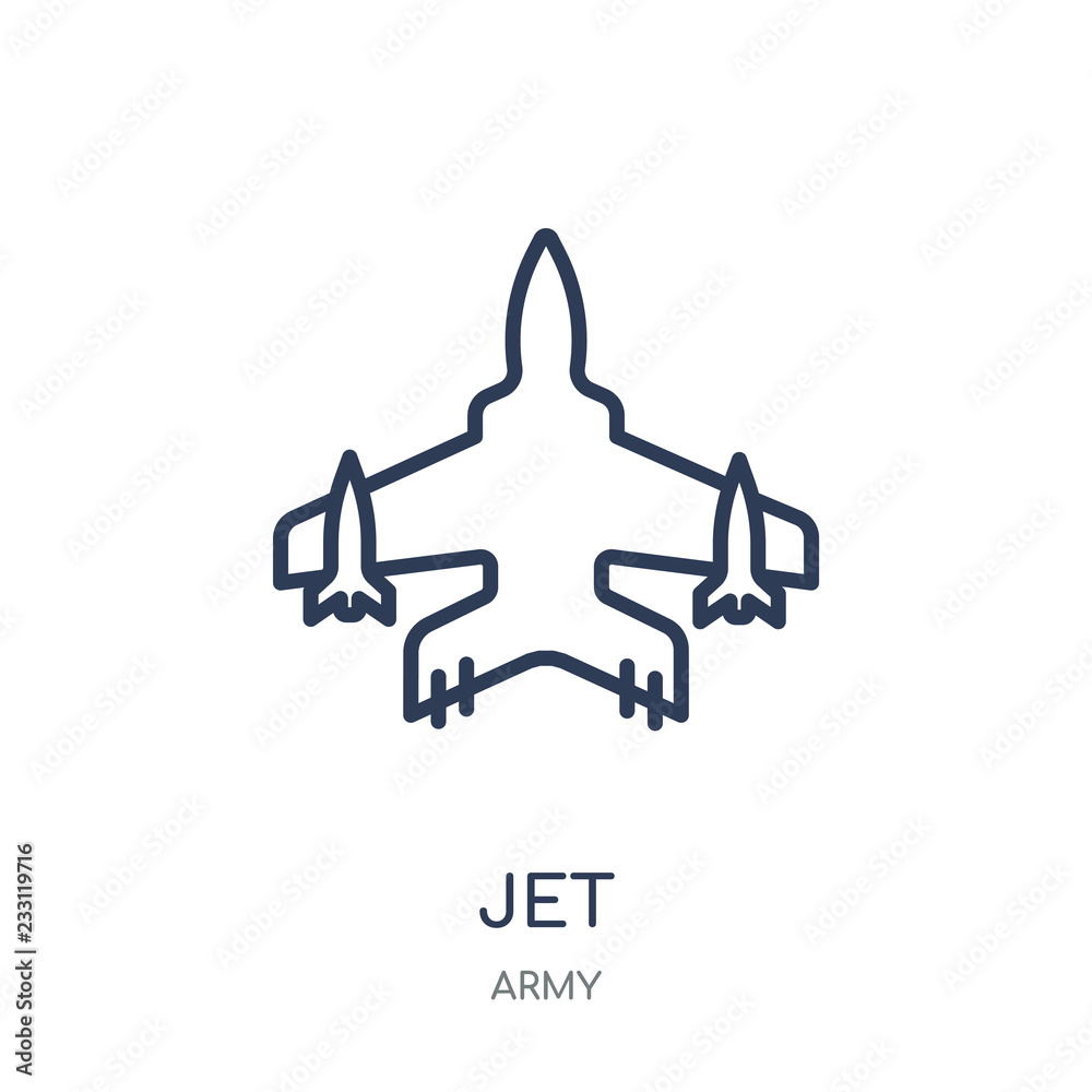 Jet icon. Jet linear symbol design from Army collection. Simple element vector illustration. Can be used in web and mobile. Jet icon. Jet linear symbol design from Army collection. Simple element vector illustration. Can be used in web and mobile.