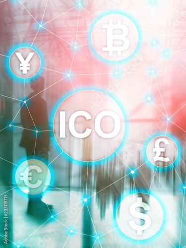 ICO - Initial coin offering, Blockchain and cryptocurrency concept on blurred business building background. Abstract Cover Design Vertical Format.