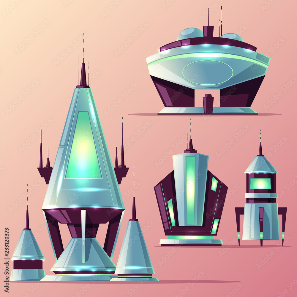 Set of various alien spaceships or futuristic rockets with antennas, neon lights cartoon vector illustration. Science fiction starships for intergalactic travels, future architecture buildings design