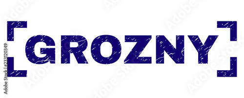 GROZNY label seal print with corroded effect. Text label is placed inside corners. Blue vector rubber print of GROZNY with corroded texture.