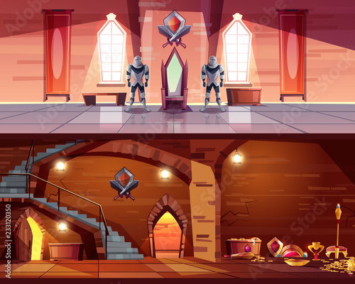 Medieval castle ballroom with knight guards near royal throne and ancient dungeon with treasures cartoon vector illustration. Fantasy game environment design elements. Fairytale palace interiors