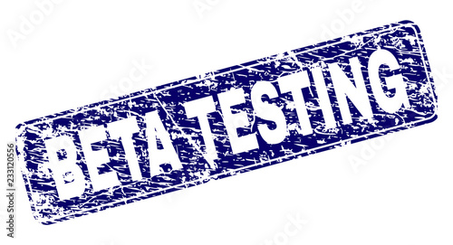 BETA TESTING stamp seal print with grunge texture. Seal shape is a rounded rectangle with frame. Blue vector rubber print of BETA TESTING caption with grunge style.