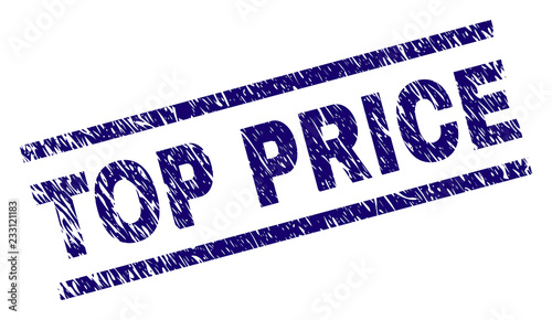 TOP PRICE seal imprint with scratced style. Blue vector rubber print of TOP PRICE text with corroded texture. Text title is placed between parallel lines.