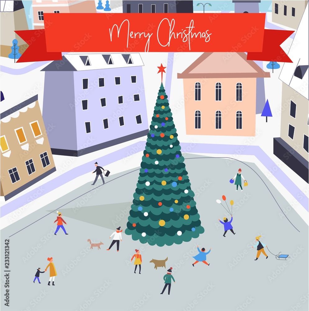 Merry Christmas people walking along main square with pine tree decorated with garlands. Merry Christmas people walking along main square with pine tree decorated with garlands.