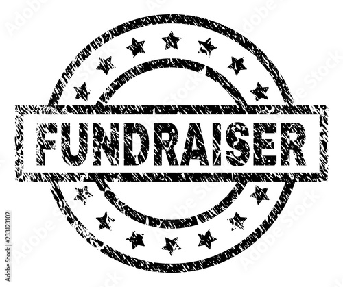 FUNDRAISER stamp seal watermark with distress style. Designed with rectangle, circles and stars. Black vector rubber print of FUNDRAISER text with scratched texture.