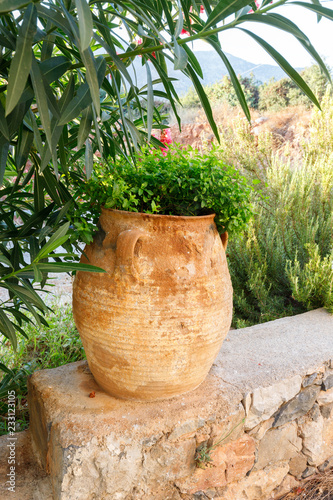 very large old ceramic vase with flowers on the background of the mountains in the Mediterranean