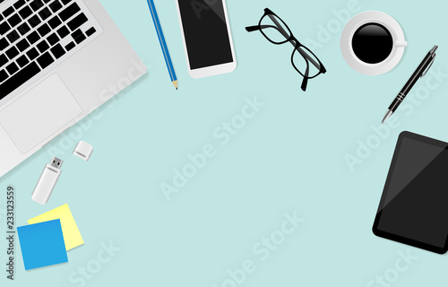 Workplace with eyeglasses, smart phone, laptop, pencil, pen, USB Flash Drive with coffee cup on mint green color background with copy space, Top view. Vector illustration