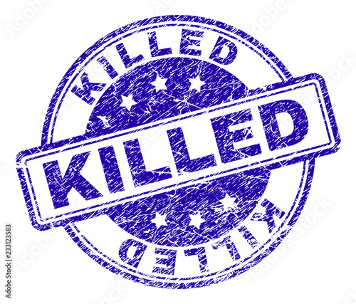 KILLED stamp seal watermark with distress texture. Designed with rounded rectangles and circles. Blue vector rubber print of KILLED label with grunge texture.