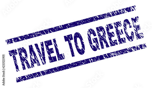 TRAVEL TO GREECE seal print with grunge style. Blue vector rubber print of TRAVEL TO GREECE text with unclean texture. Text title is placed between parallel lines.
