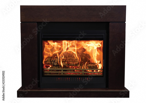 Brown burning fireplace isolated on white background