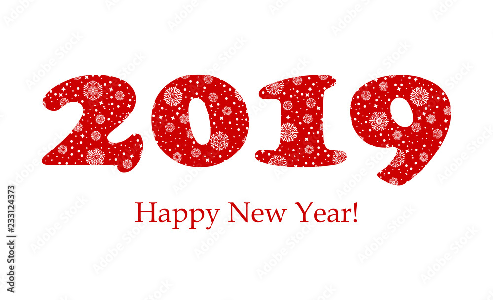 2019 new year greeting card. red text with snowflakes on white background. vector illustration 2019 new year greeting card. red text with snowflakes on white background. vector illustration