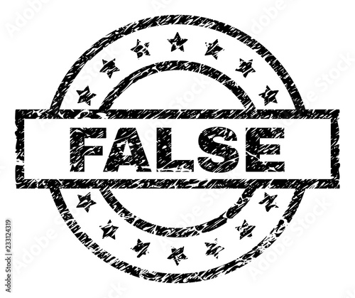 FALSE stamp seal watermark with distress style. Designed with rectangle, circles and stars. Black vector rubber print of FALSE text with grunge texture.