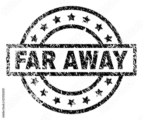 FAR AWAY stamp seal watermark with distress style. Designed with rectangle, circles and stars. Black vector rubber print of FAR AWAY caption with unclean texture.