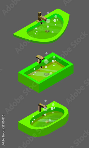 isometric clogged sink isolated icons, bright green dirty ceramic wash basin with messy water and bubbles, sanitation service infographic elements collection,	