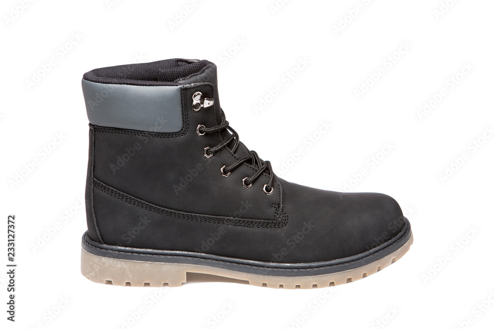 black men's nubuck leather boots, one shoe, on a white background, isolate black men's nubuck leather boots, one shoe, on a white background, isolate