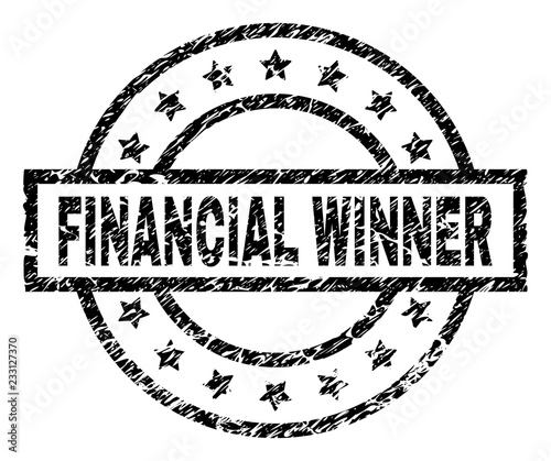 FINANCIAL WINNER stamp seal watermark with distress style. Designed with rectangle, circles and stars. Black vector rubber print of FINANCIAL WINNER title with unclean texture.