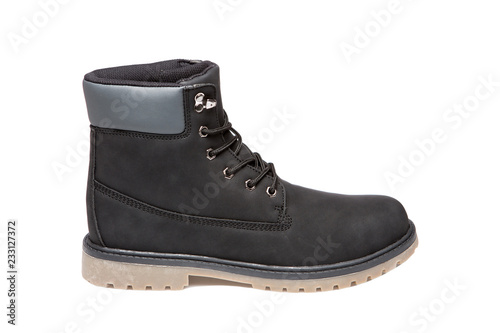 black men's nubuck leather boots, one shoe, on a white background, isolate © aneduard
