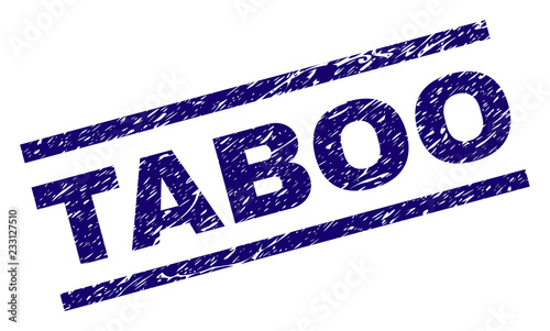 TABOO seal print with grunge style. Blue vector rubber print of TABOO text with retro texture. Text label is placed between parallel lines.