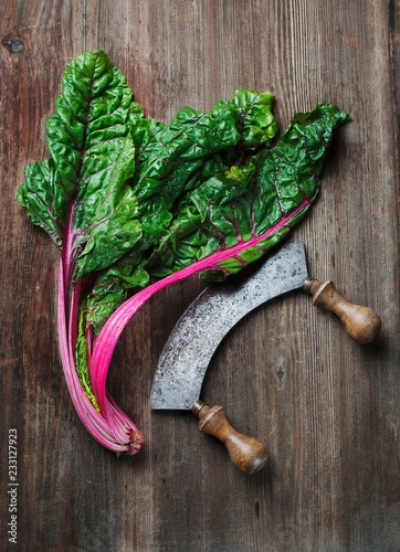 Charred and a mezzaluna knife on a wooden surface photo