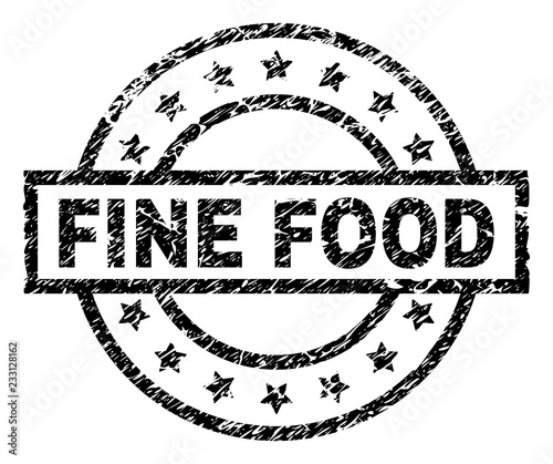 FINE FOOD stamp seal watermark with distress style. Designed with rectangle, circles and stars. Black vector rubber print of FINE FOOD text with unclean texture.