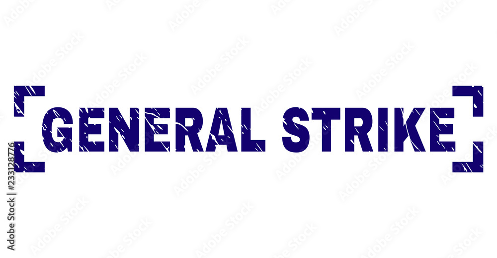 GENERAL STRIKE caption seal watermark with grunge texture. Text caption is placed inside corners. Blue vector rubber print of GENERAL STRIKE with unclean texture.