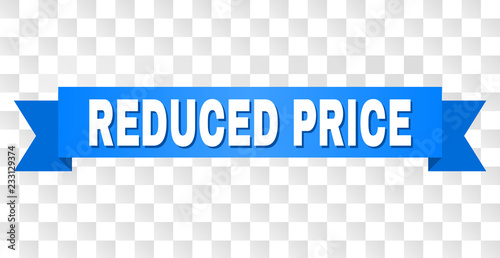 REDUCED PRICE text on a ribbon. Designed with white caption and blue stripe. Vector banner with REDUCED PRICE tag on a transparent background.