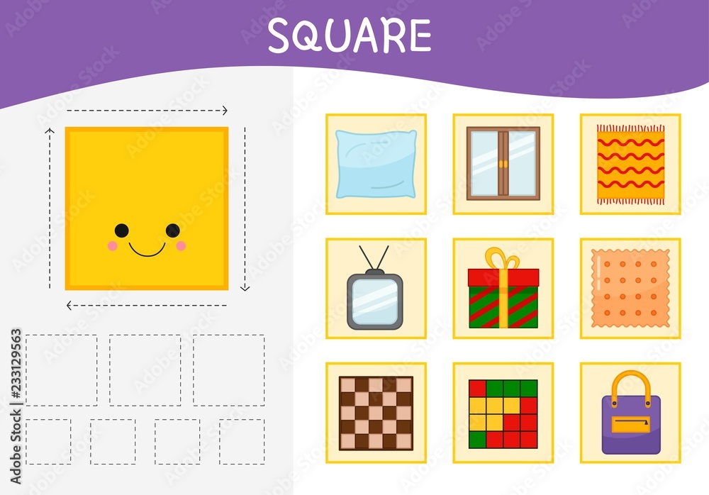 Worksheet for kids learning forms. A set of objects in the square form ...
