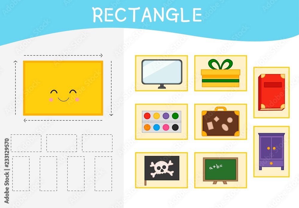 Worksheet for kids learning forms. A set of objects in the rectangle