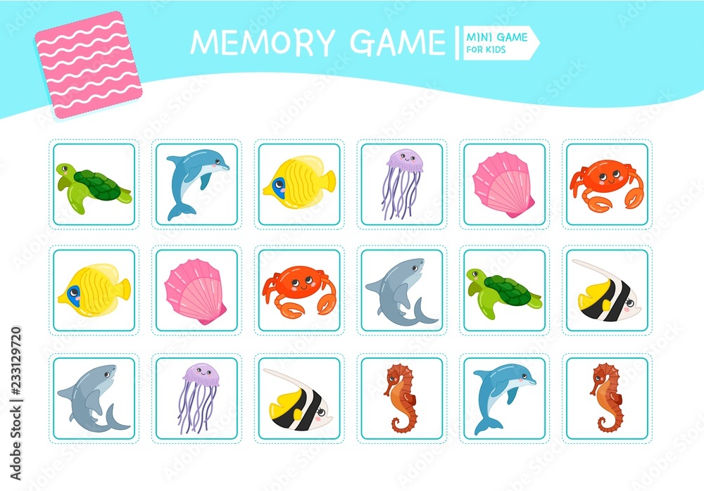 Memory game for preschool children, vector cards with  sea animals. Find two identical picture. Kids activity page for book. 