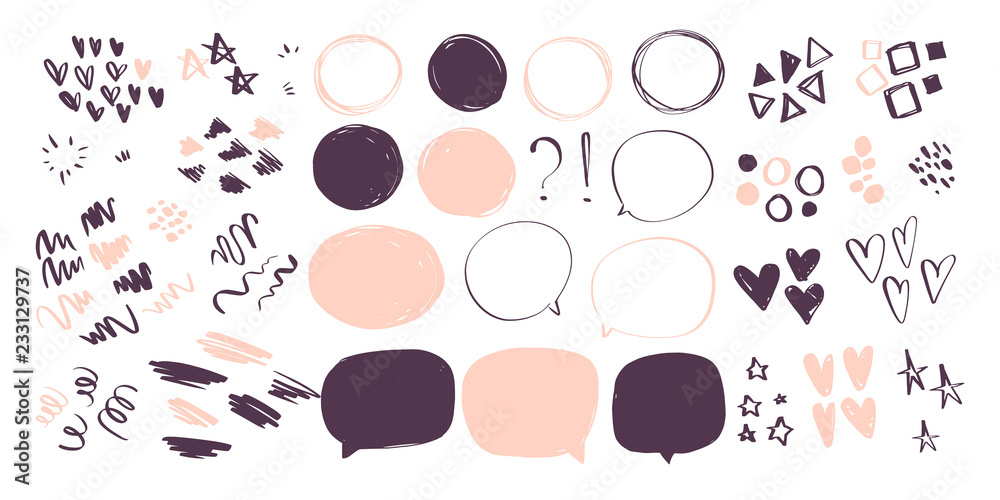 Vector collection of abstract hand drawn doodle elements in sketch style on white background - heart, star, line waves, lipstick stroke, geometric shapes, speech bubbles. Perfect for fashion patterns Vector collection of abstract hand drawn doodle elements in sketch style on white background - heart, star, line waves, lipstick stroke, geometric shapes, speech bubbles. Perfect for fashion patterns